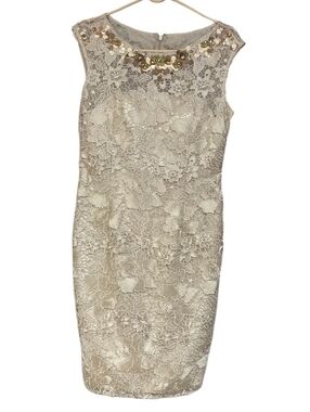 NWOT. ADRIANNA PAPELL  Sleeveless Lace Sheath Dress with Beaded Neckline - Cream